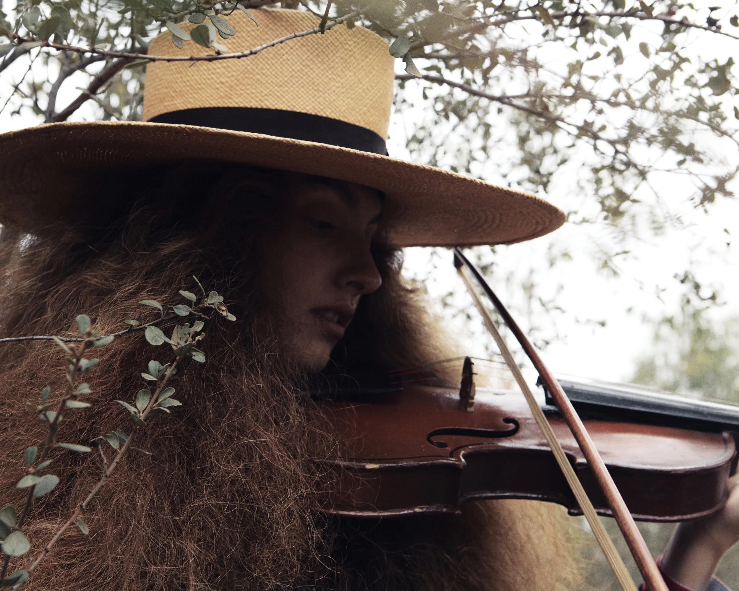 A woman wearing a wide-brimmed straw hat with a black band, playing a violin outdoors among tree branches and leaves.