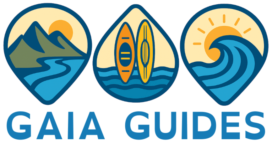 Three icons representing nature: mountains and river at sunrise, two kayaks on water, setting sun over ocean, the Gaia Guides Logo.