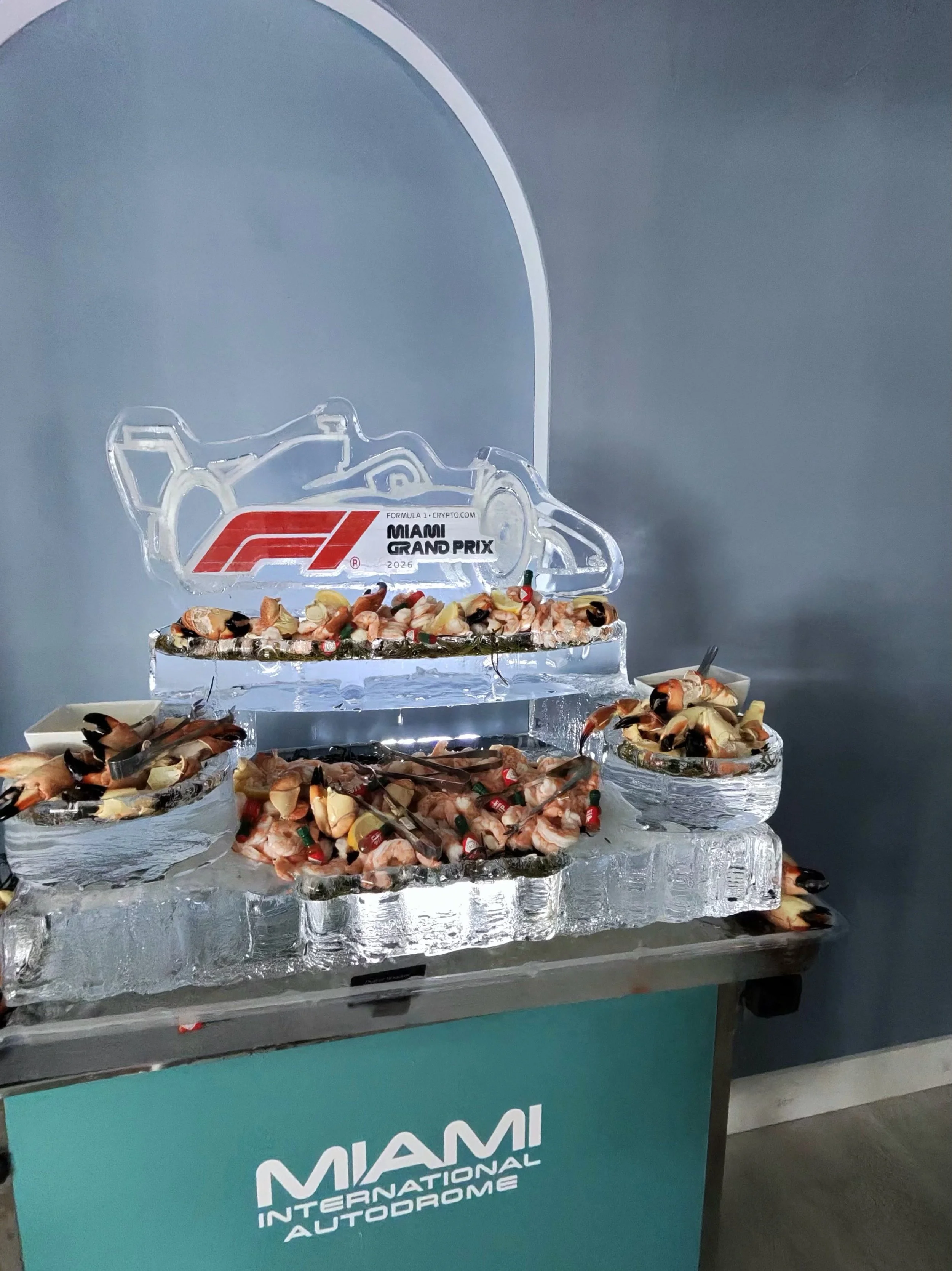Ice sculpture raw-bar display with fresh oysters on ice at the Miami Grand Prix, Formula 1, Miami 2026