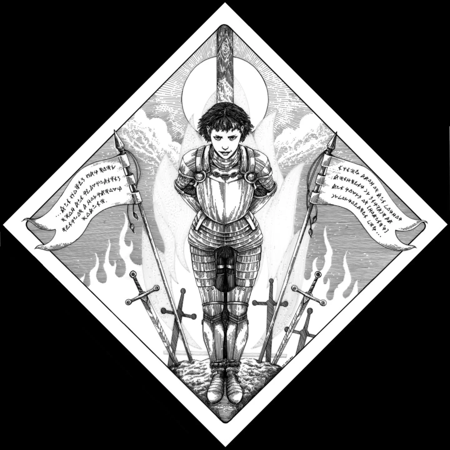 They burn our saviors to cement their grip of power; and question why we mourn her and rage against them.
.
.
#penandink #joanofarc #darkart #riotgrrrl