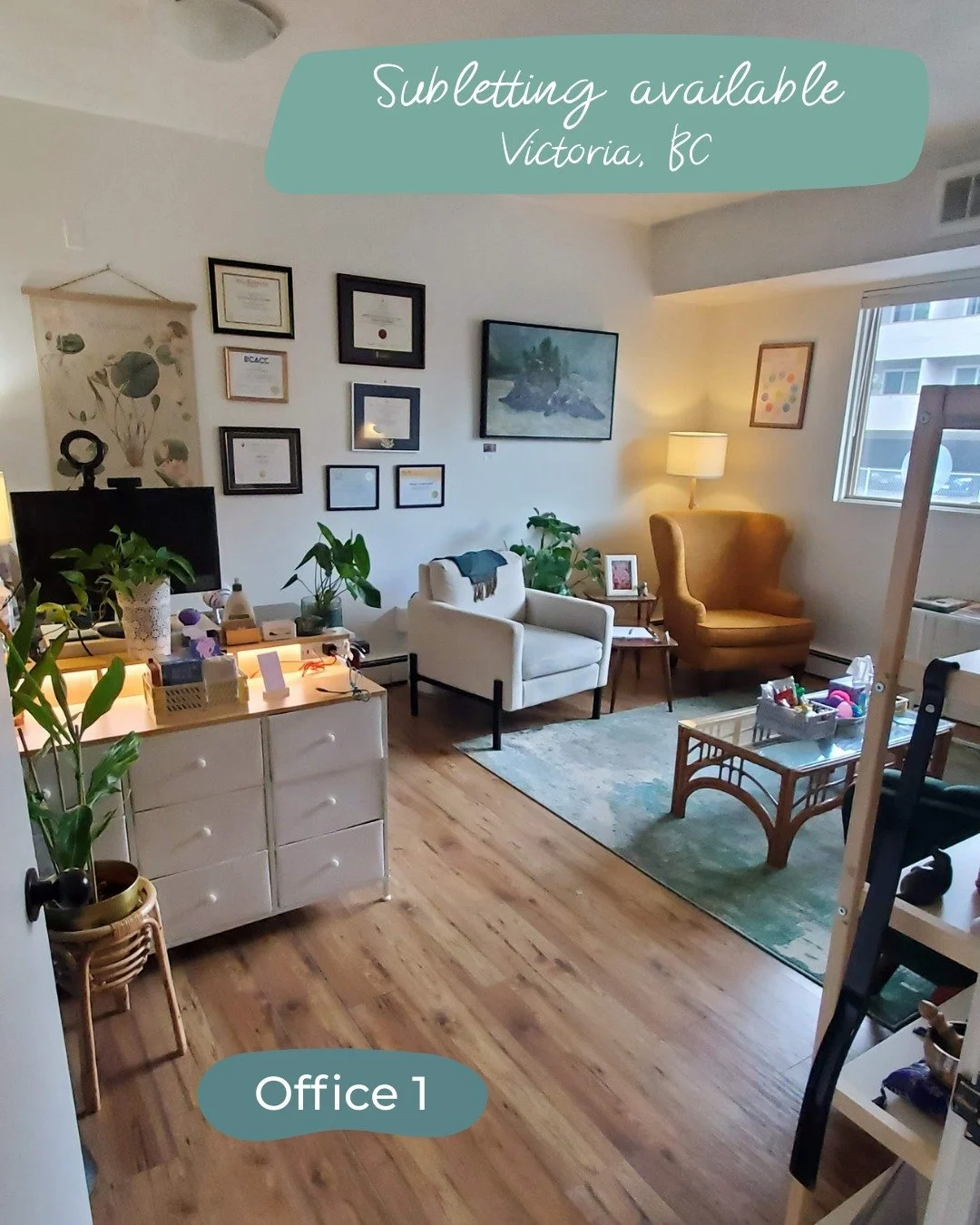 Subletting available in our gorgeous, quiet, cozy new offices!
Our space includes 2 offices, a large waiting room, and storage/break room. 

Full days (8am-8pm) are $300/mo and half days (8am-2pm or 2pm-8pm) are $175/mo. 
For example, a full day on S