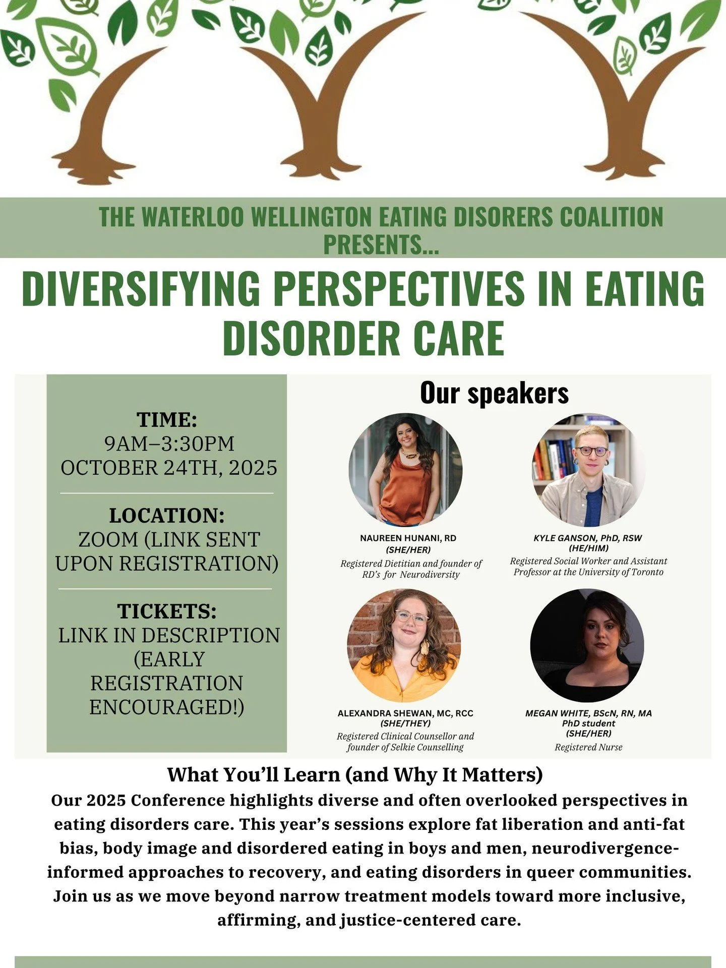 Truly honoured to be a part of this lineup of speakers!

The Waterloo-Wellington Eating Disorders Coalition Presents: Diversifying Perspectives in Eating Disorder Care
📅 Friday, October 24th, 2025
🕘 9AM-3:30PM EST
💻 Taking place on Zoom

🎫 Ticket