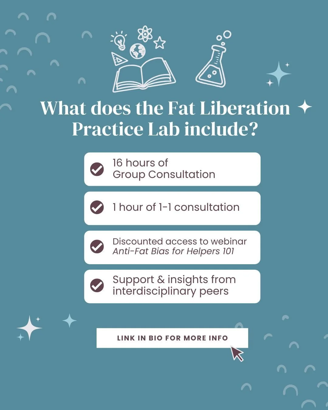 Early bird discount ends on Feb 23!

What does the Fat Liberation Practice Lab include?

✅ 16 hours of Group Consultation 
✅ 1 hour of 1-1 consultation
✅ Discounted access to webinar Anti-Fat Bias for Helpers 101
✅ Supper &amp; insights from interdis