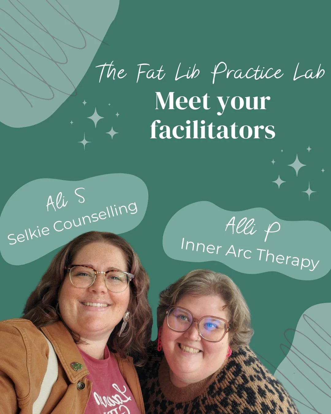 Meet your facilitators for the Fat Liberation Practice Lab!

Ali S (Selkie Counselling) and Alli P (Inner Arc Therapy) are fat counsellors and colleagues passionate about supporting fellow practitioners in uprooting anti-fat bias and making the world