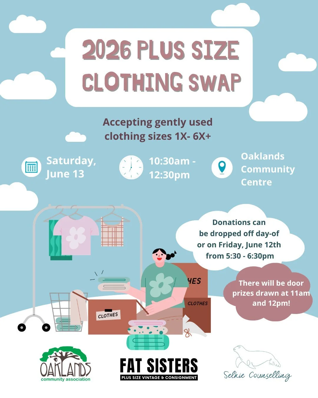 Come join us again this year!

Plus Size Clothing Swap
📅 Saturday, June 13th
🕚 10:30am - 12:30pm
📍 Oaklands Community Centre, 2827 Belmont Ave #1, Victoria, BC

Donations of gently used 1X - 6X+ clothing can be dropped off throughout the event or 