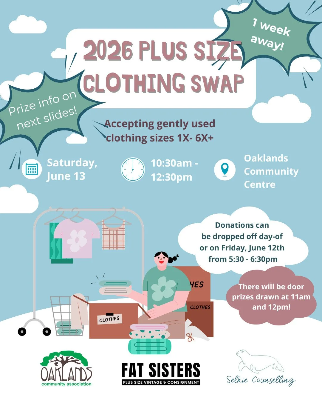 Thank you to our incredible donors! There are so many prizes to win at the swap!
@woodbrick
@foxwylde
@abbieoriginal
@willow_bark_creations_

See you next weekend!!
Plus Size Clothing Swap
📅 Saturday, June 13th
🕚 10:30am - 12:30pm
📍 Oaklands Commu