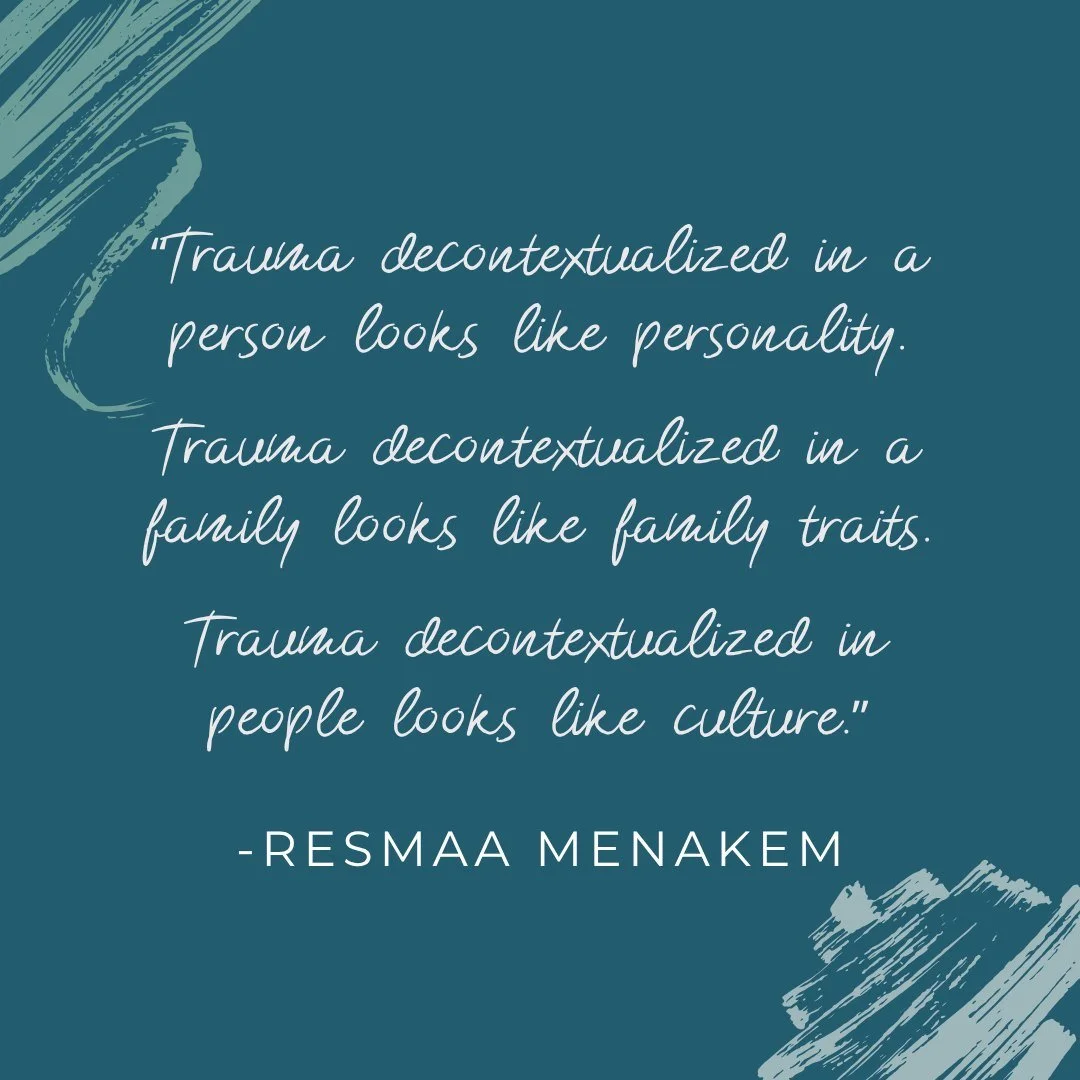 Moralizing food without context looks like normal social expectations. With context, it looks like ongoing colonization.

(This quote is from "My Grandmother's Hands" by @resmaamenakem - a.k.a. a foundational text for everyone in helping pr