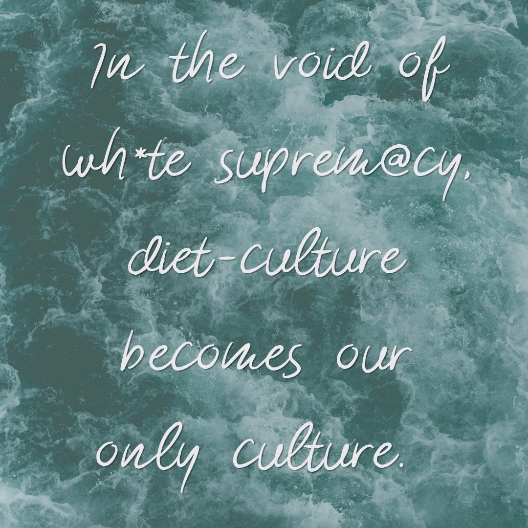 Wh*teness consumes, erases, assimilates, suppresses, destroys. 

In place of real culture that's rooted in people and place, wh*teness creates a new culture, one based on it's foundational tenant of supremacy: diet-culture and anti-fatness. 

We're n