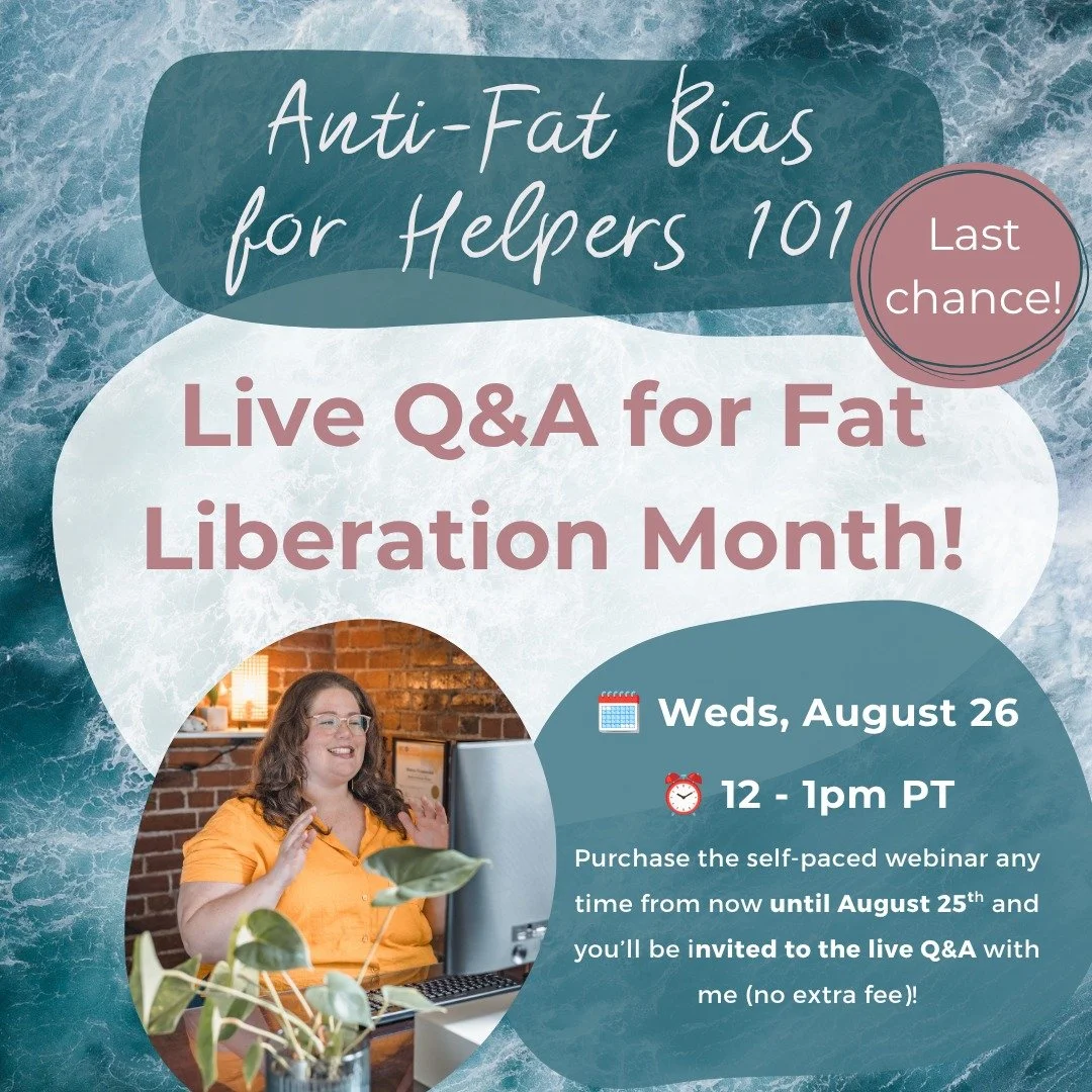 Last call to join us on Wednesday!

Anti-fat bias is a tricky subject - it continues to be so disregarded in education and the social norms of fatphobia run incredibly deep. 

This is your chance to have a full hour Q&amp;A with me to ask all your cl