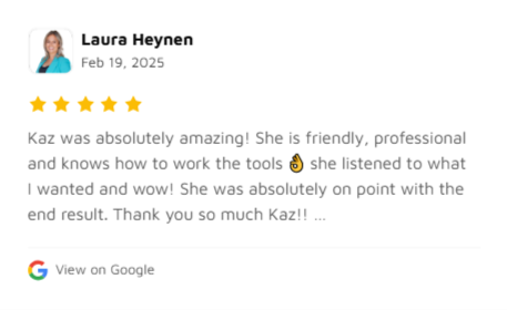Screenshot of a Google review by Laura Heynen praising Kaz for being friendly, professional, attentive, and effective, with a five-star rating.