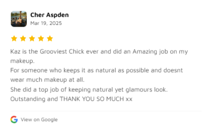 Five-star client review praising Glamour Tribe makeup artistry, natural makeup and professional service