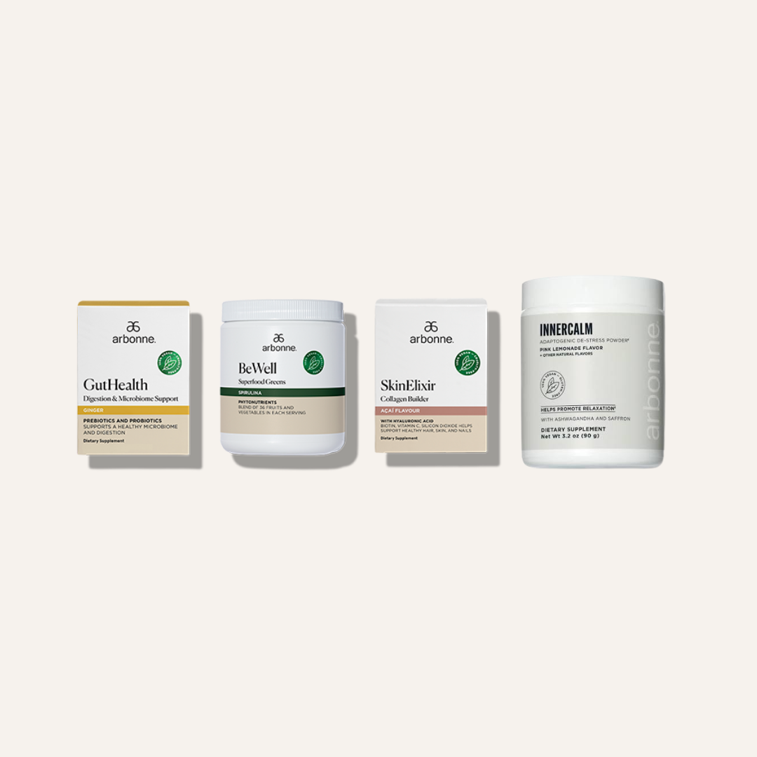 Four health supplement containers placed side by side, including GutHealth, BeWell, SkinElixir, and InnerCalm.