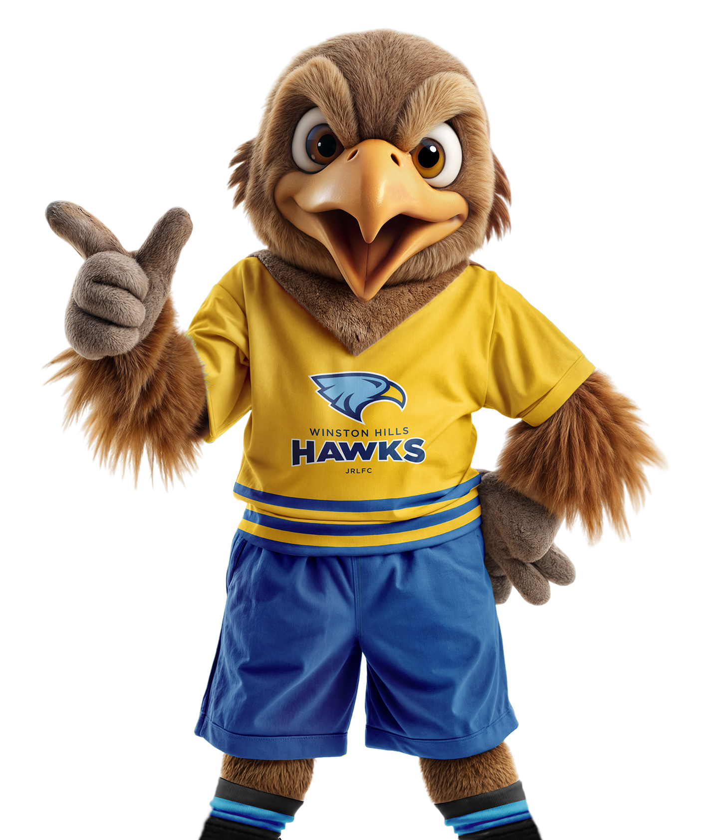 A cartoon hawk mascot with brown feathers, dressed in a yellow Winston Hills Hawks sports jersey and blue shorts, giving a thumbs-up.