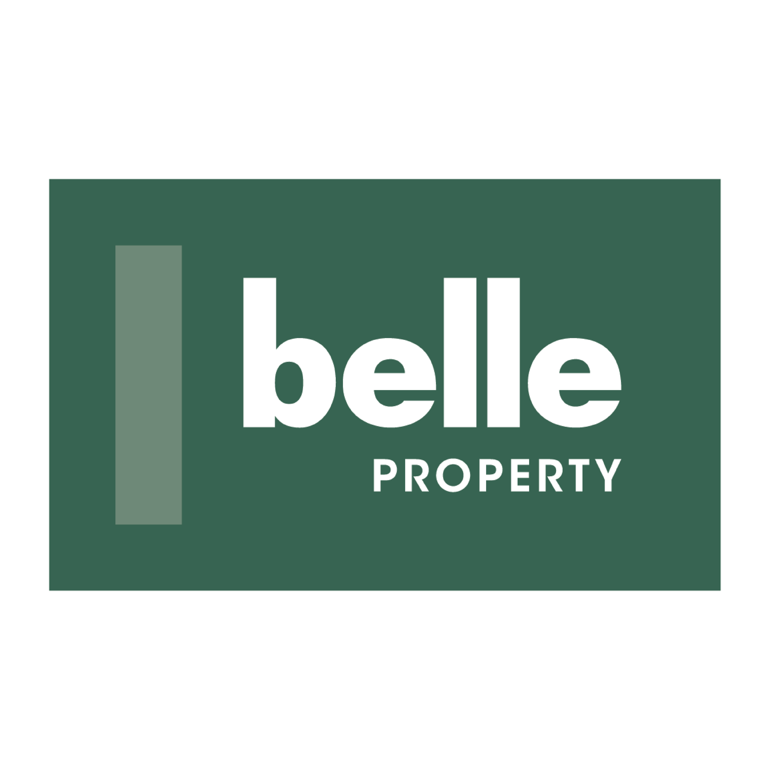 Logo of Belle Property featuring a dark green rectangle with a lighter green vertical bar on the left and the words 'belle PROPERTY' in white, with 'belle' in lowercase and 'PROPERTY' in uppercase underneath.