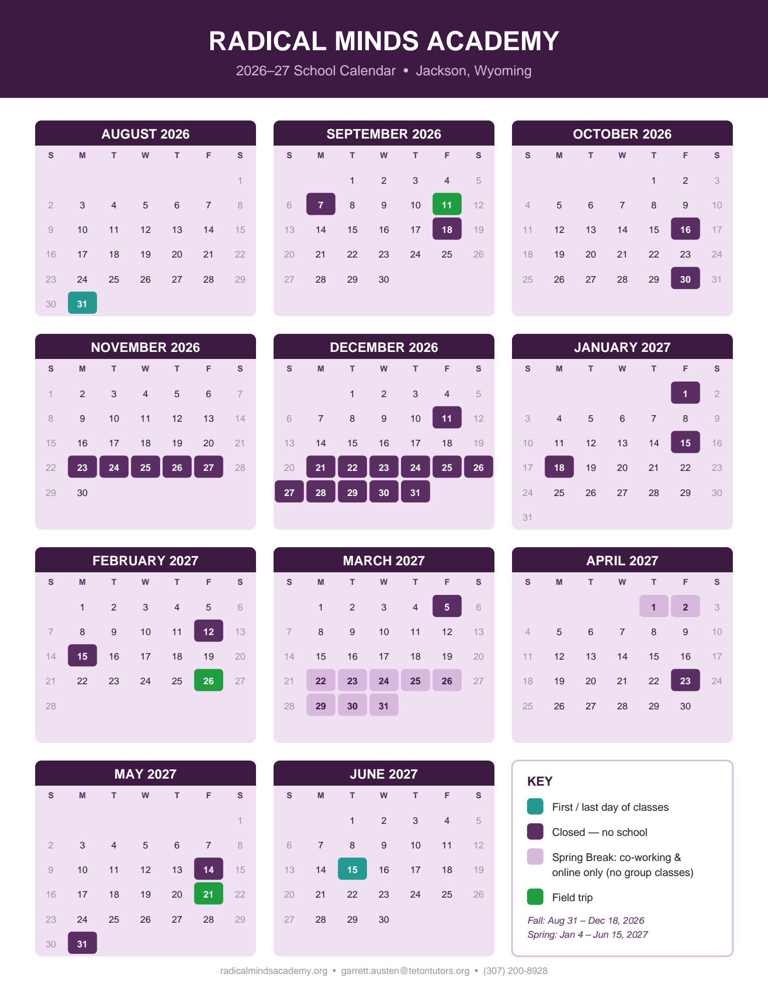 Radical Minds Academy 2026–27 school calendar showing closures, breaks, and field trips