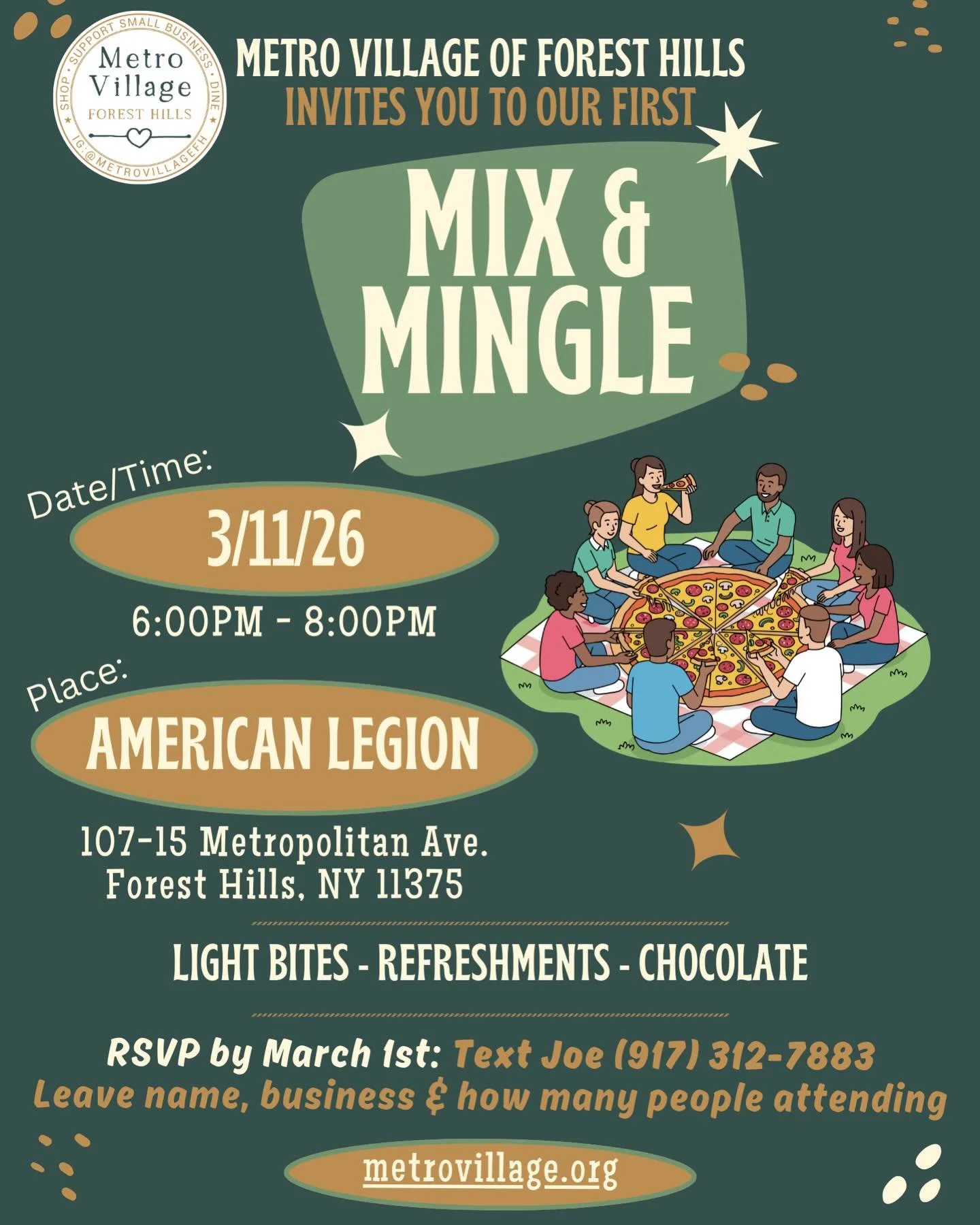 Our First Ever Mix and Mingle 🎉

Coming up Wednesday, 3/11, this is your chance to meet the community 🤝 and connect face to face with the incredible business owners and neighbors who make Metropolitan Ave so vibrant!! 🏡💛

Whether you are looking 