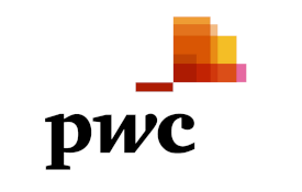 PwC logo featuring geometric squares in orange and red shades.