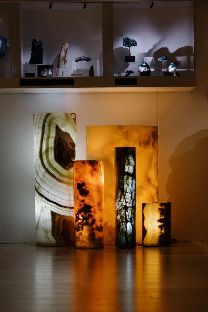   Illuminated Earth  —  Lamps carved from raw mineral and stone, lit from within..—  Explore Lighting → 