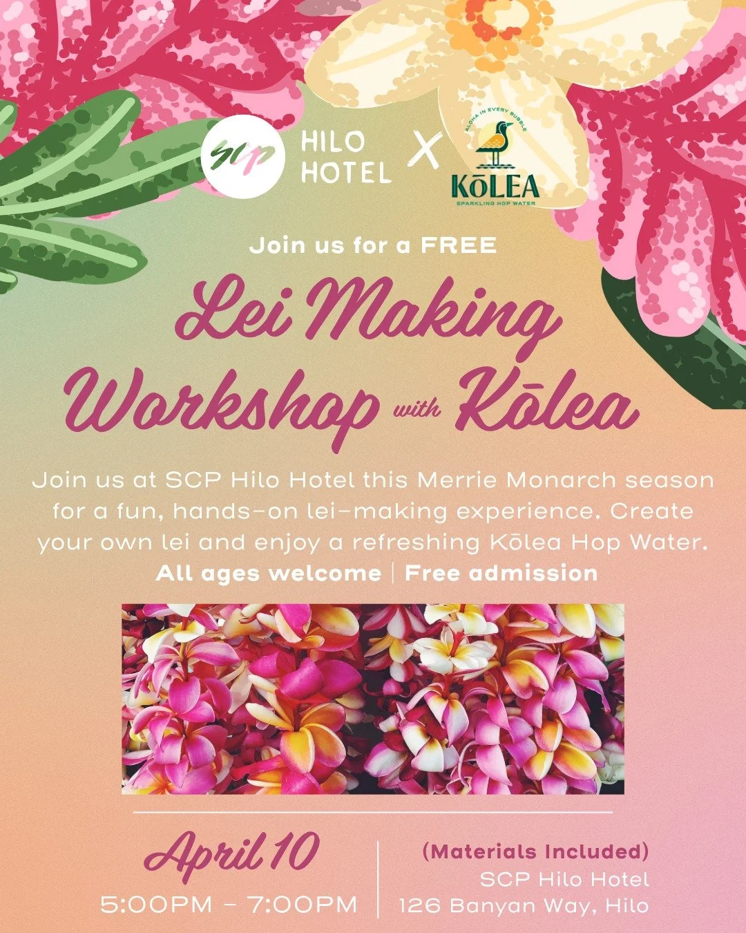 E hele mai!

Join us this Friday (4/10) from 5&ndash;7 PM @scphilo for a FREE lei-making class during Merrie Monarch season 🌺

Create your own lei, enjoy the live Merrie Monarch screening, and sip on a refreshing Kōlea Sparkling Hop Water.

👨&zwj;?