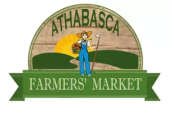 Logo for Athabasca Farmers' Market featuring a cartoon farmer woman holding a basket and a flag, with a sun rising behind green hills.