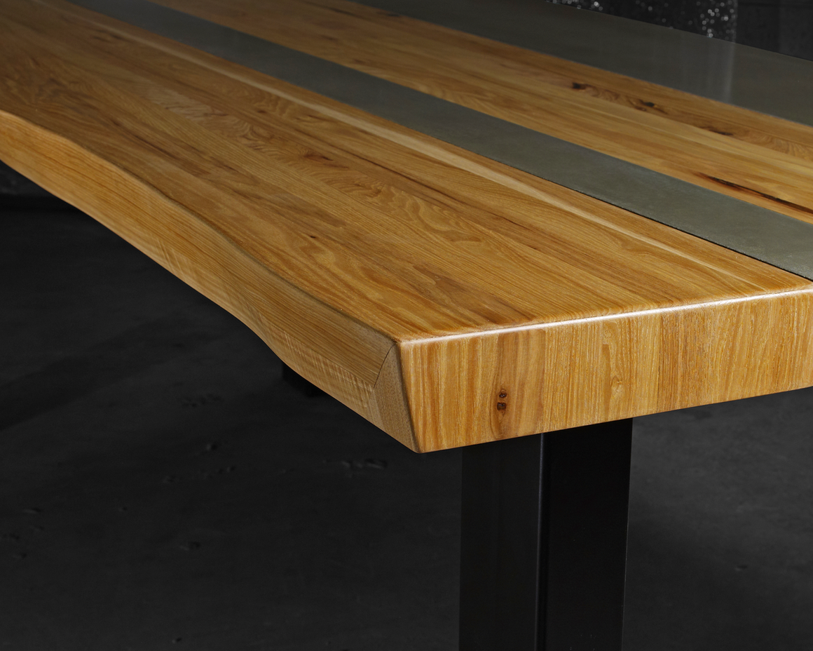 live edge hickory wood and concrete dining table with hickory wood inlay on black steel base