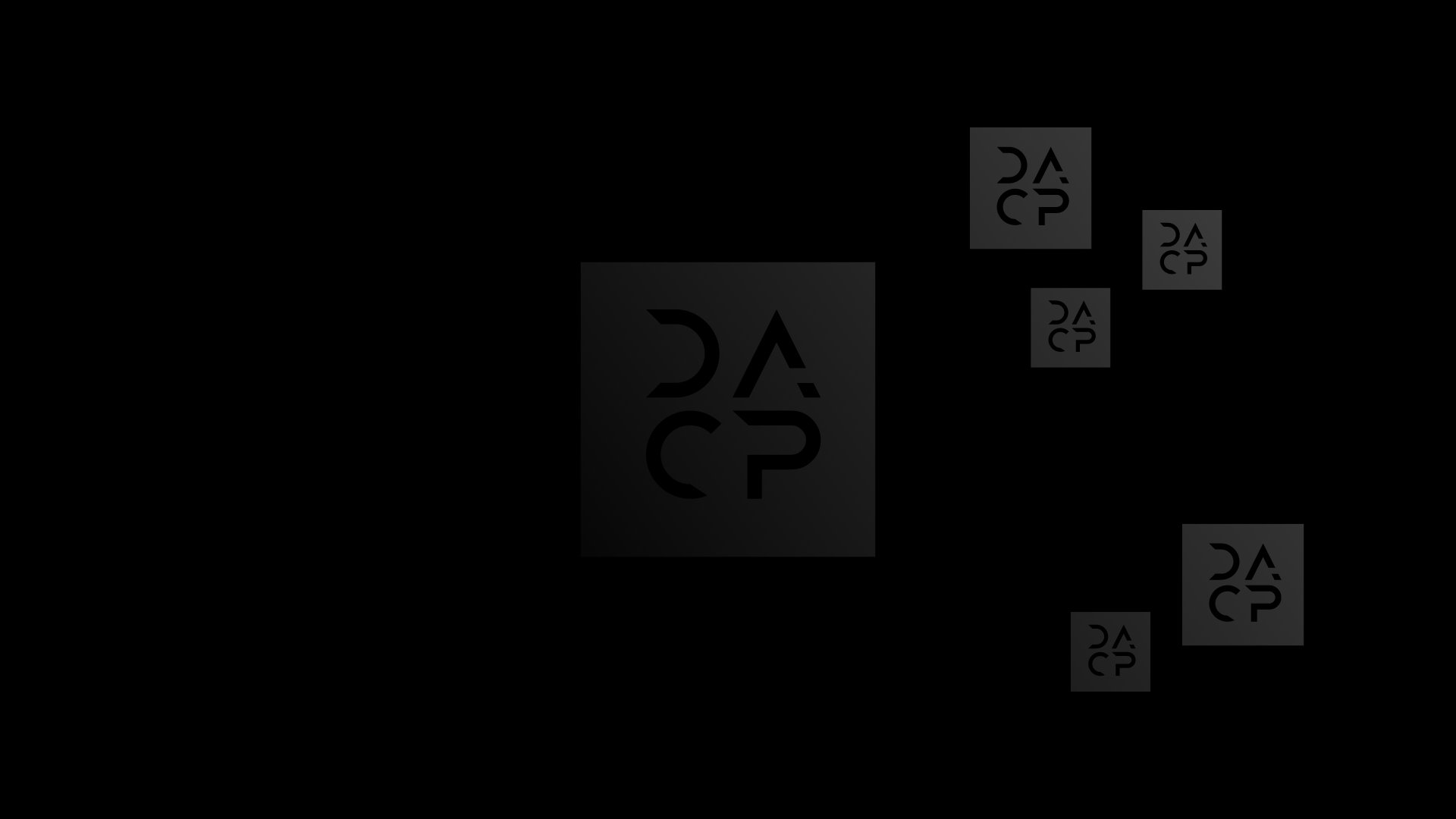 Black background with multiple gray squares containing the DACP logo, which features stylized black and white text.