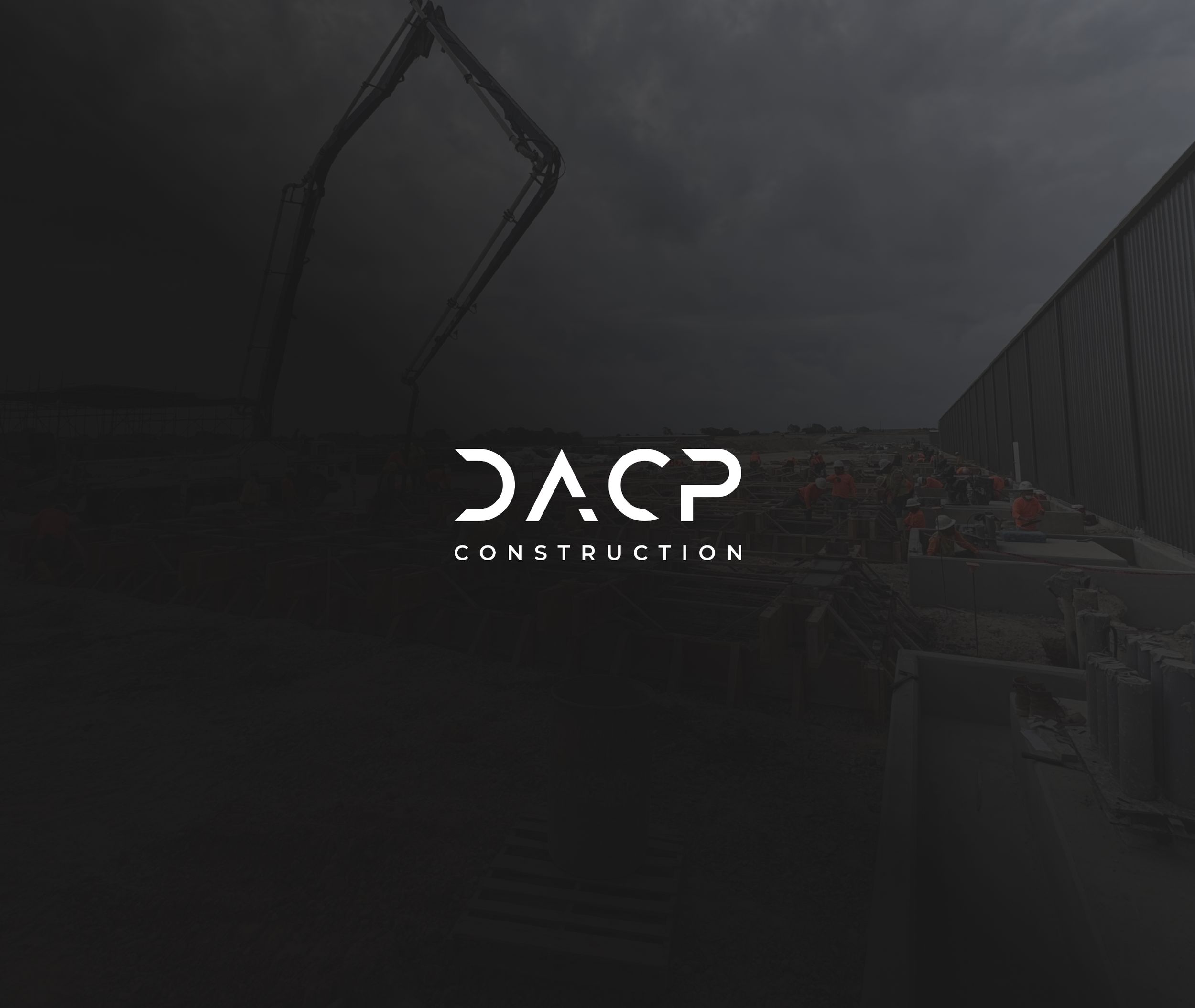 Construction site with workers and machinery, branded with DACP Construction logo.