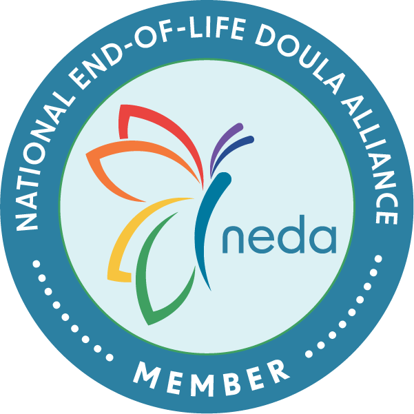 National End-of-Life Doula Alliance member badge featuring a colorful butterfly logo and the acronym 'neda' in the center, surrounded by a blue border.