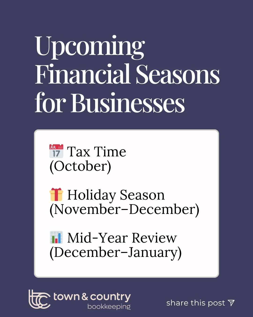 Just like the calendar has seasons, so does your business and staying ahead of them can make all the difference. 
Here are some key financial seasons to keep in mind.
Want support getting through these seasons with less stress and more clarity? 
L