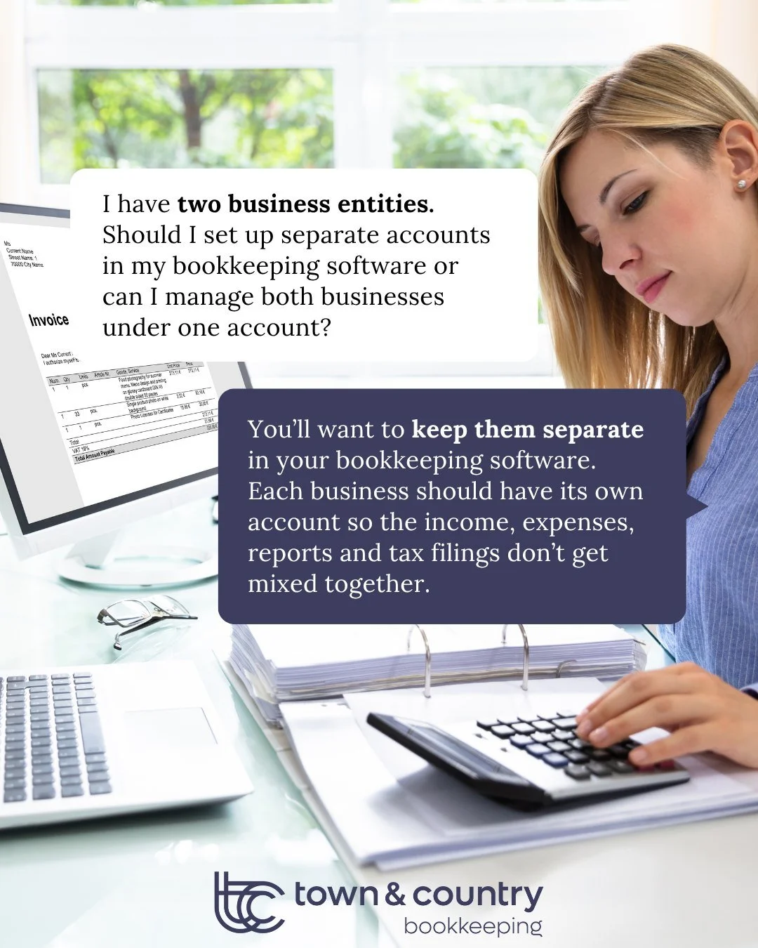 This is a question we hear often and the answer is simple: always keep your businesses separate.
Each business entity should have its own bank accounts and its own bookkeeping file. 
Mixing them together creates confusion, inaccurate reports and po