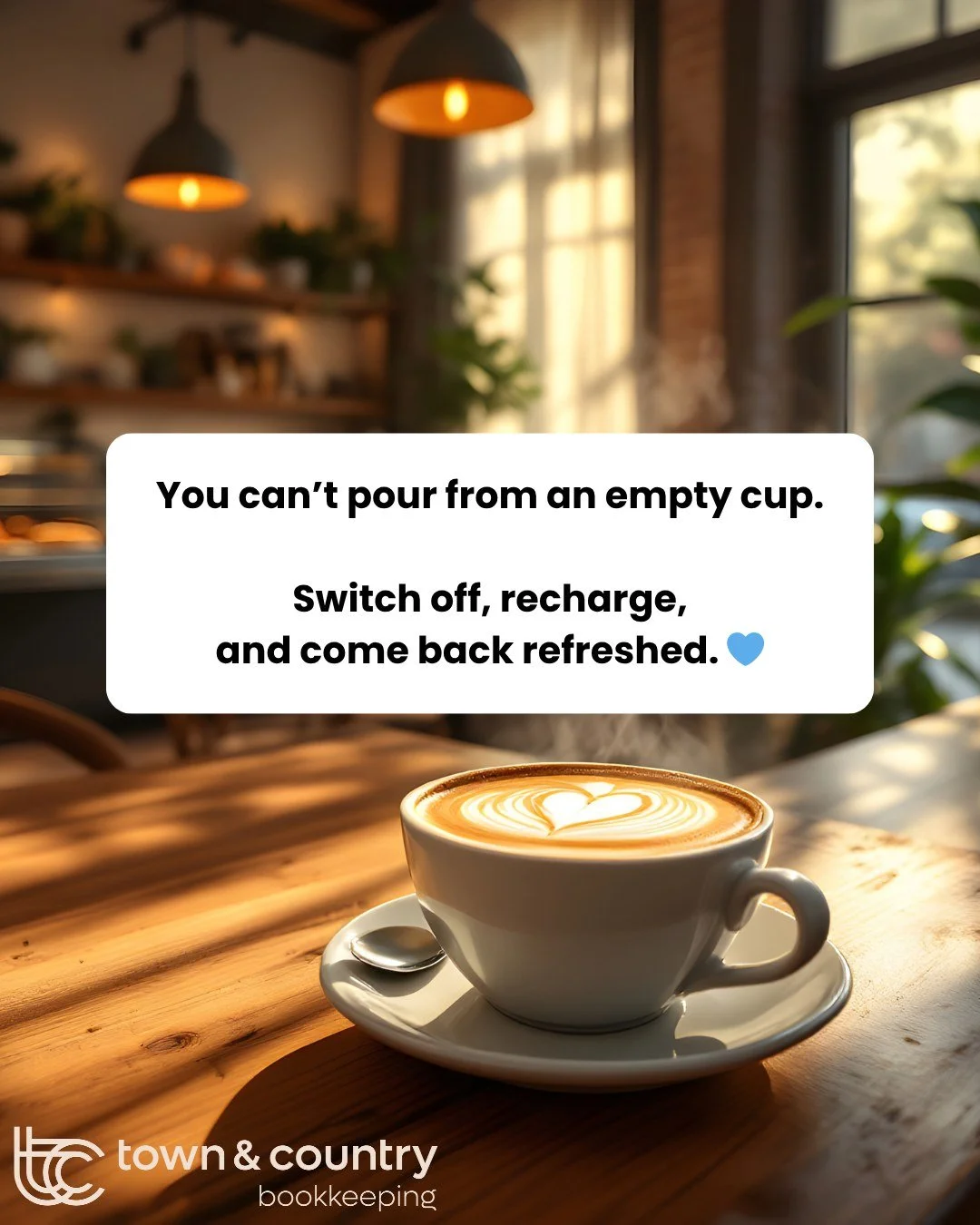 You can&rsquo;t pour from an empty cup.

Switch off, recharge, and come back refreshed. 💙
.
.
.
#FridayReminder #SmallBusinessLife #WorkLifeBalance #TownAndCountryBookkeeping #BusinessOwnerLife #WorkLifeBalance #RelaxAndRecharge #SwitchOffToRecharge