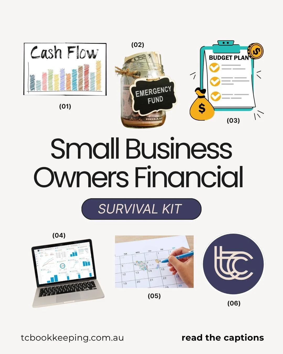 Running a business means being ready for anything!

Every small business owner should have a simple financial survival kit in place to stay organised, confident and prepared. 

Here&rsquo;s what to include:

1. Cash flow tracker 
2. Emergency fund 
3