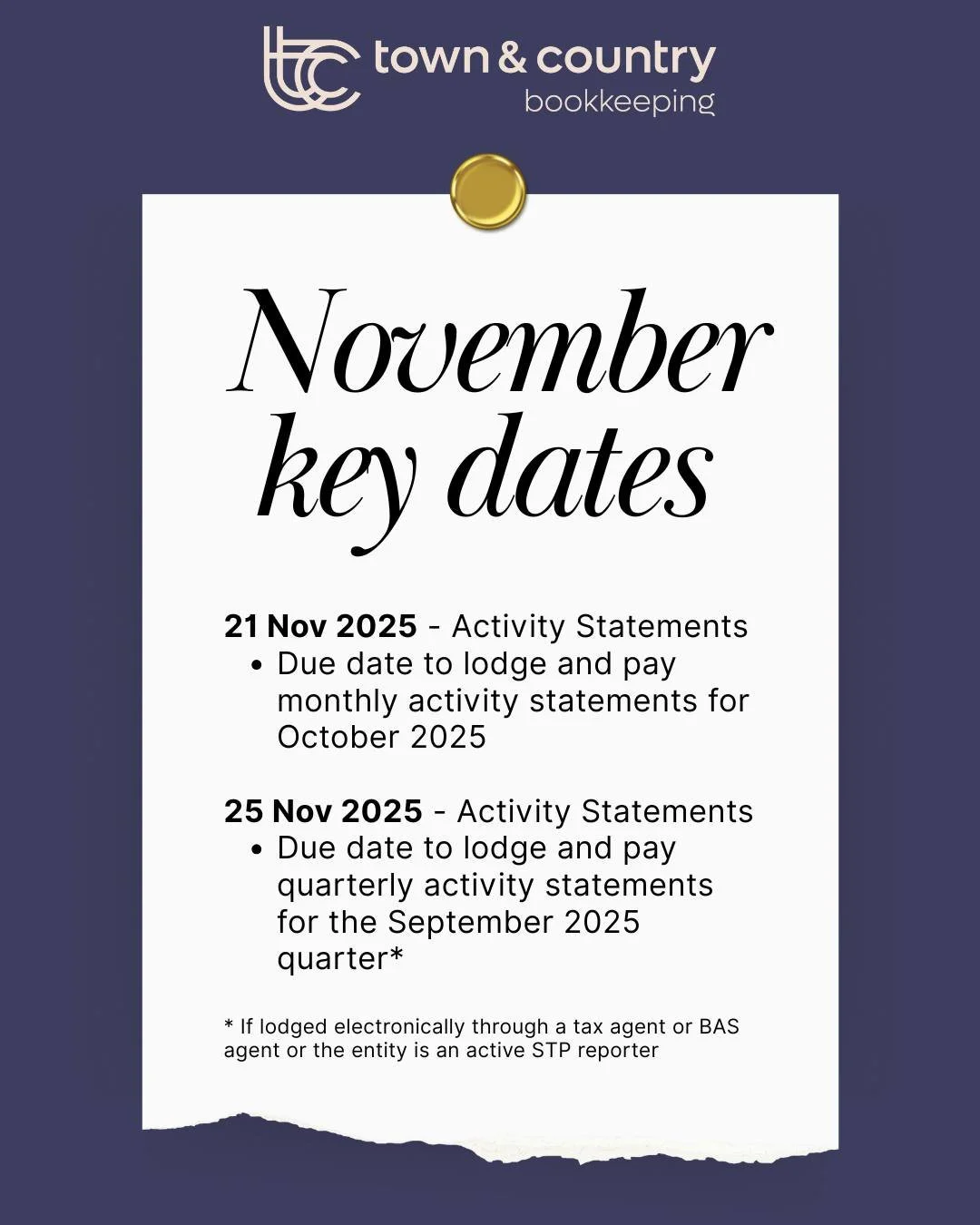 Here are your key November dates to mark on your calendar.

Follow for more reminders and business tips like this.
.
.
.
#BusinessDeadlines #KeyDates  #BookkeepingHelp #BusinessSupport  #BusinessTips #BookkeepingMatters  #knowyourbooks #SmallBusiness