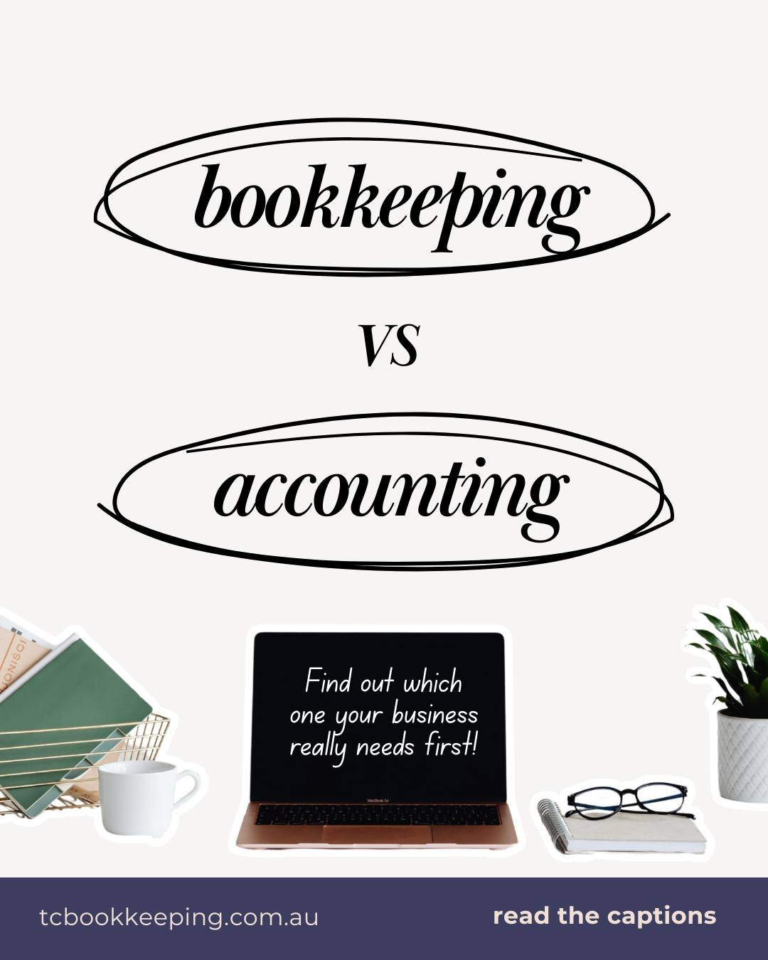 Bookkeeping keeps your day to day financial records organised.

Accounting uses those records to analyse your financial health and plan for taxes, strategy and growth.

Think of bookkeeping as the foundation and accounting as the big picture. 

You n
