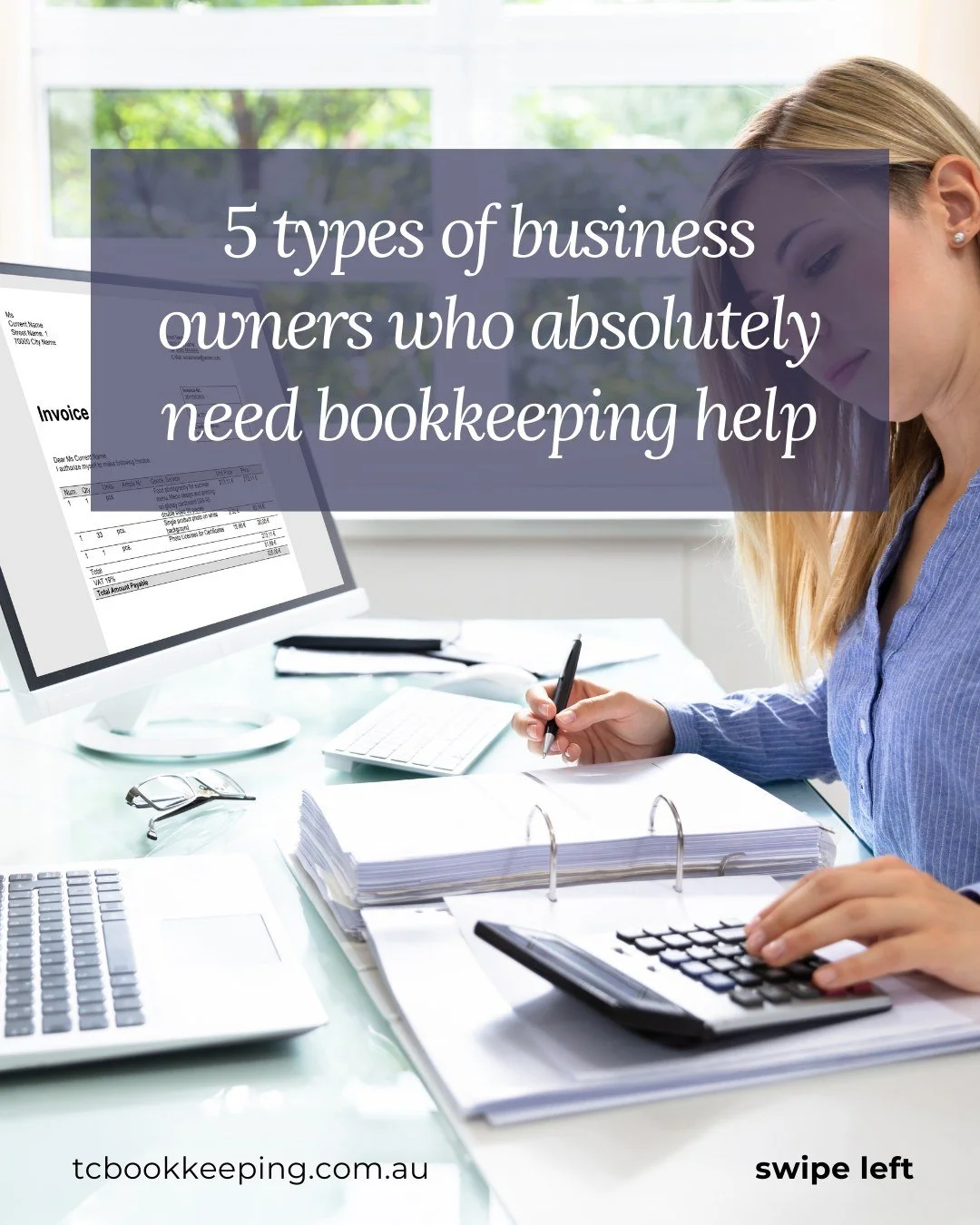 If you see yourself on this list, it might be time to get support!

If you&rsquo;re tired of guessing, stressed about tax season or ready for cleaner numbers, let&rsquo;s get you set up.

Thinking it&rsquo;s time for a bookkeeper? Let's have a chat.
