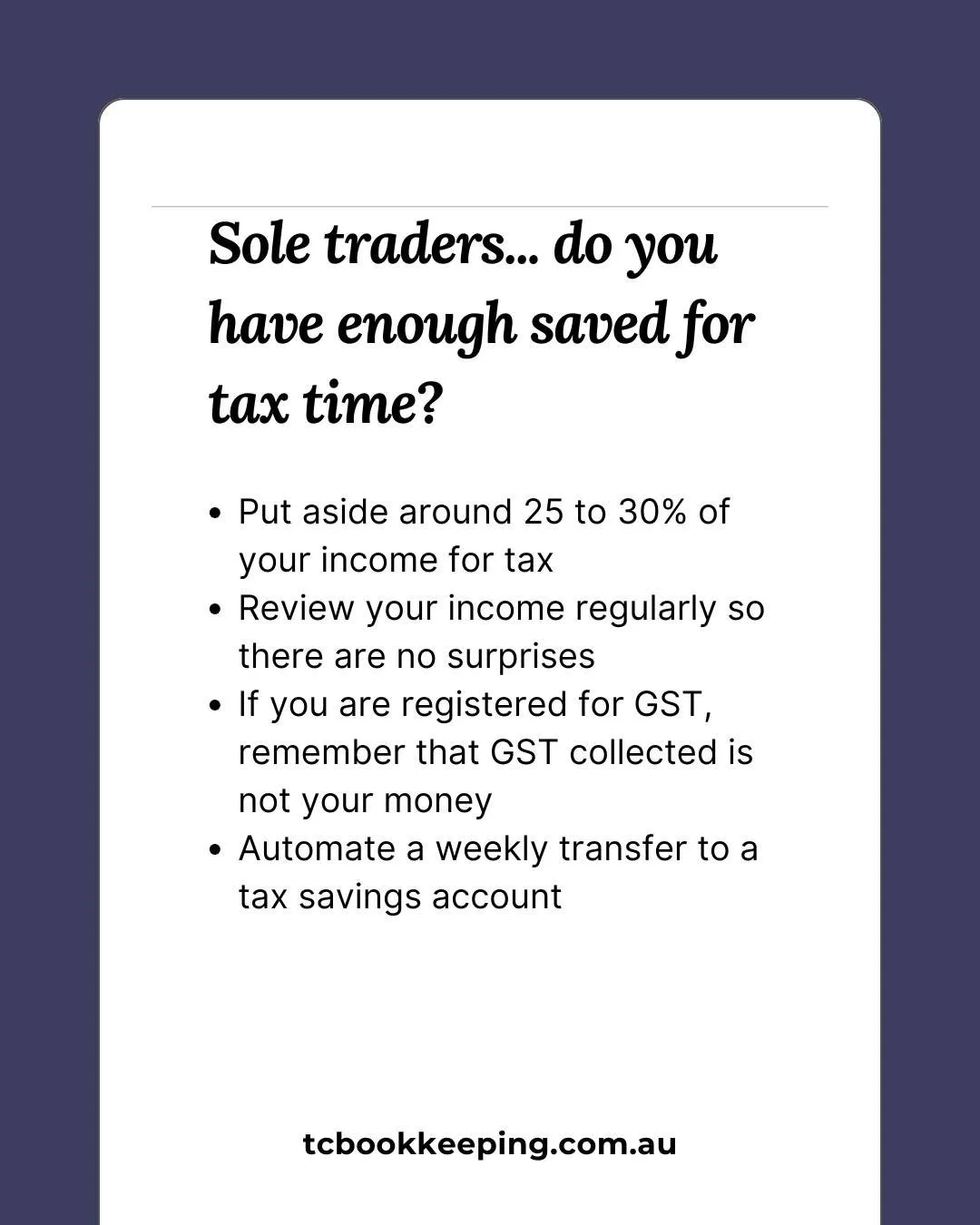 If you are self employed, the ATO will not usually chase you throughout the year but by the time they do, it can already feel too late.

Here are a few simple habits that can make a huge difference.

Follow our page for more reminders and tips to mak