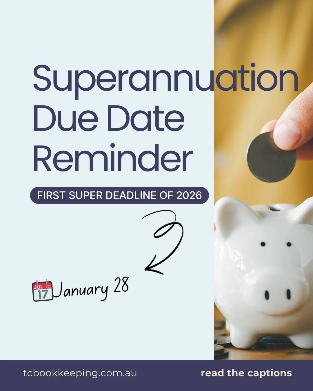 First super deadline of 2026 is coming up!

January 28 is the first superannuation due date of the year and it will be here faster than you think.

If you are an employer, this payment applies to super owed for the October to December quarter. 

Reme