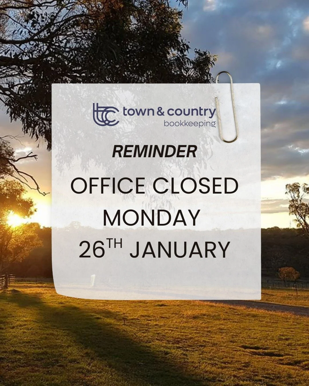 As the sun sets on another week, a quick reminder that our office will be closed this Monday, 26 January.

Wishing everyone a safe and restful Australia Day.
.
.
.
#australiaday #publicholiday #longweekend 
#townandcountrybookkeeping #goulburnnsw #re