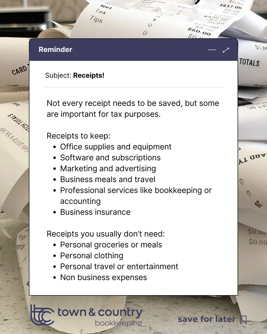 Keeping the right receipts and separating business and personal spending makes tax time much easier and helps protect your deductions.

Want a better system for your bookkeeping? Send us a message or book a call.

📞 02 4822 6855
📧 admin@tcbookkeepi