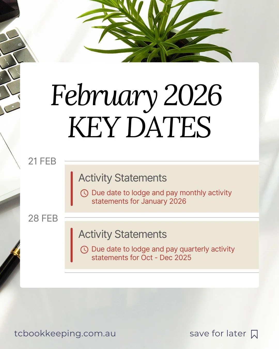Mark your calendars and set reminders for these upcoming deadlines.

Save this post and don't forget to follow us for more!

Thinking about a bookkeeper or a bit more support? Schedule a call today to get clarity and time back in your business.

📞 0