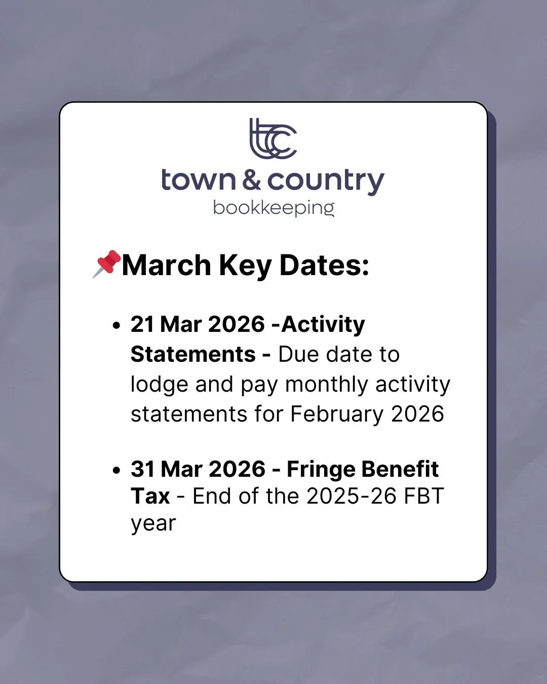 Mark your calendars and set reminders for these upcoming deadlines.

Save this post and don't forget to follow us for more!

Thinking about a bookkeeper or a bit more support? Schedule a call today to get clarity and time back in your business.
📞 02