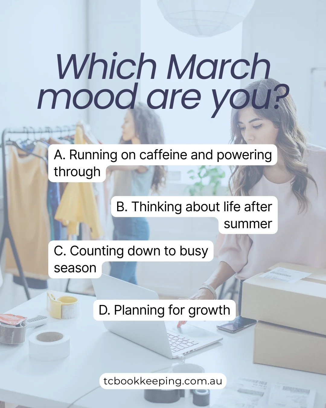 March can feel like a lot. Nearing EOFY. Deadlines.

So tell us&hellip; which March mood are you?

No judgment here!

Drop your mood in the comments. 
.
.
.
#TownAndCountryBookkeeping #GoulburnBusiness #GoulburnNSW #SouthernHighlandsBusiness #Canberr