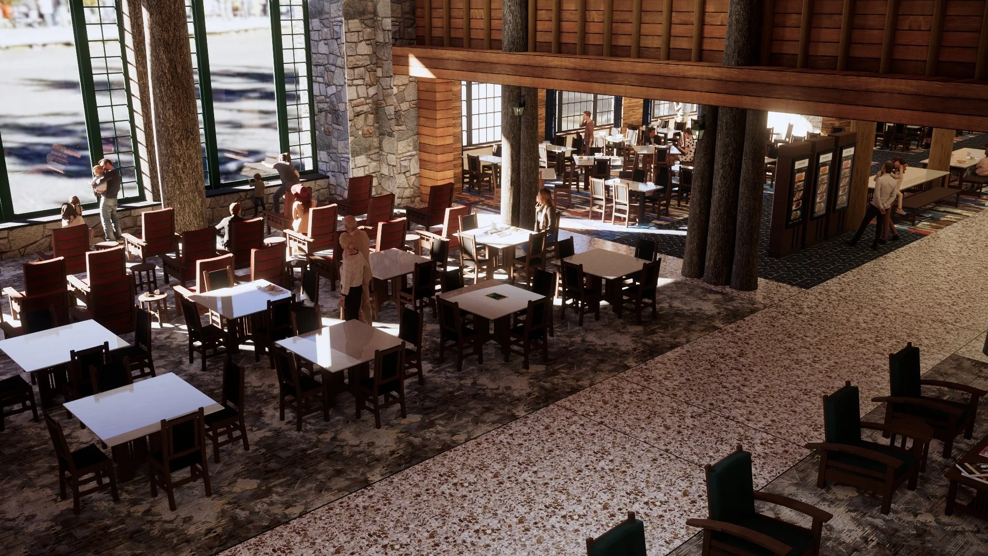 Old Faithful Lodge - interior rendering of viewing area and dining area