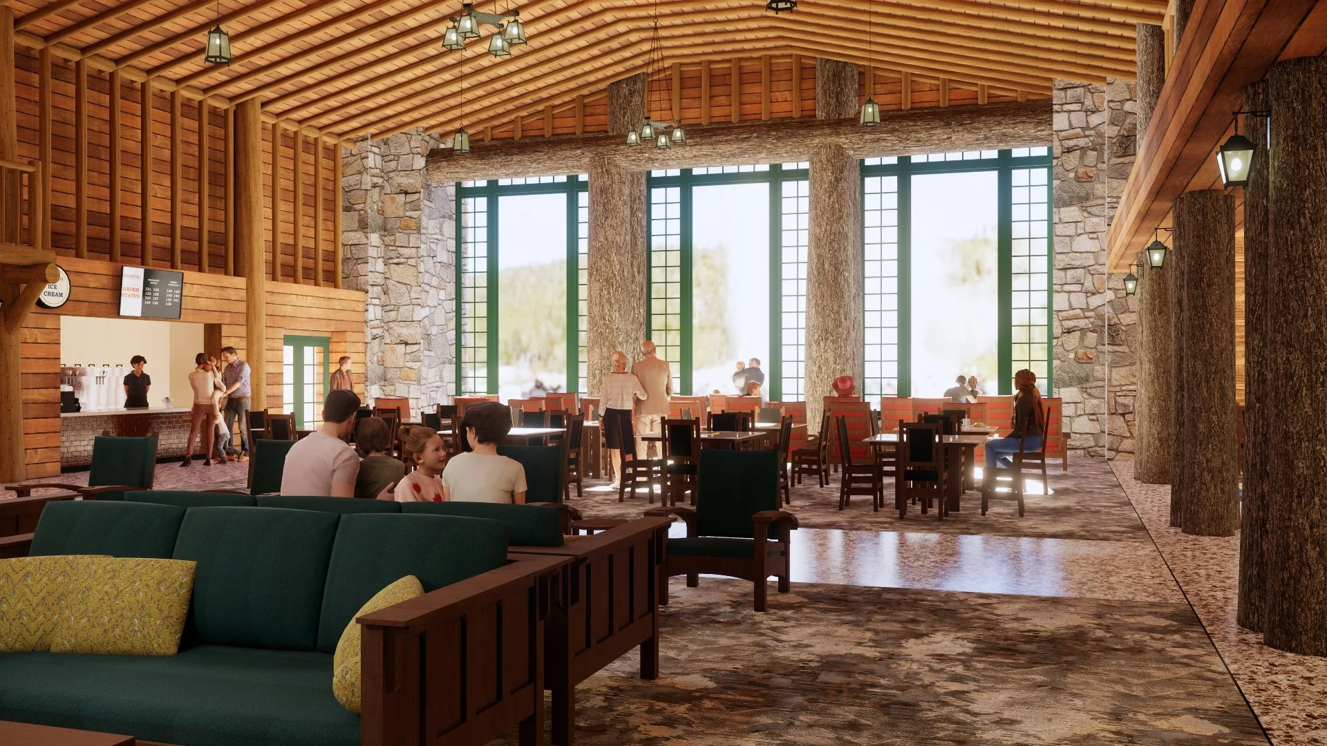 Old Faithful Lodge - interior rendering of viewing area