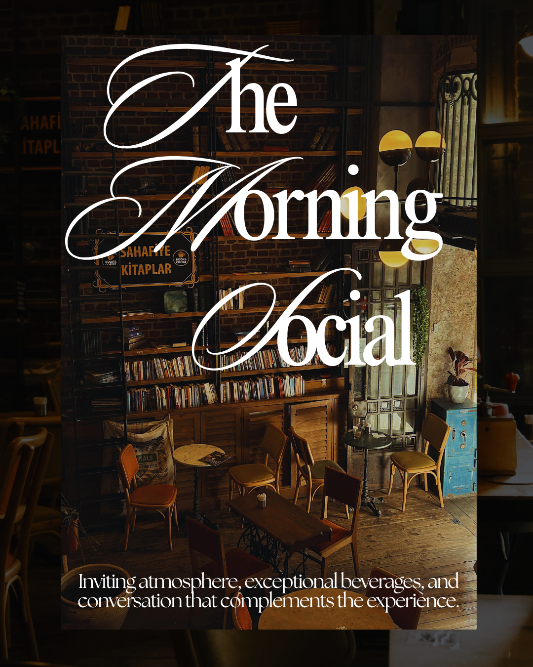 Interior of a cozy cafe with wooden furniture and bookshelves, illuminated by warm hanging lights, with a large window and decorative plants.