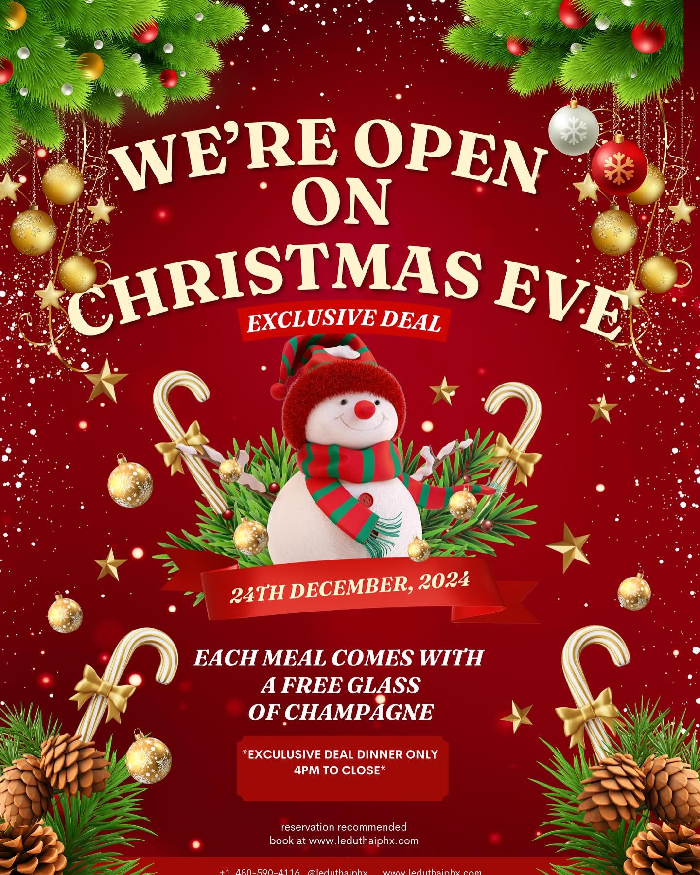 Come celebrate Christmas Eve with us. Get free a glass of champagne. Reservation recommended please visit www.leduthai.com or call 480-590-4116. 🎄🎄🎄