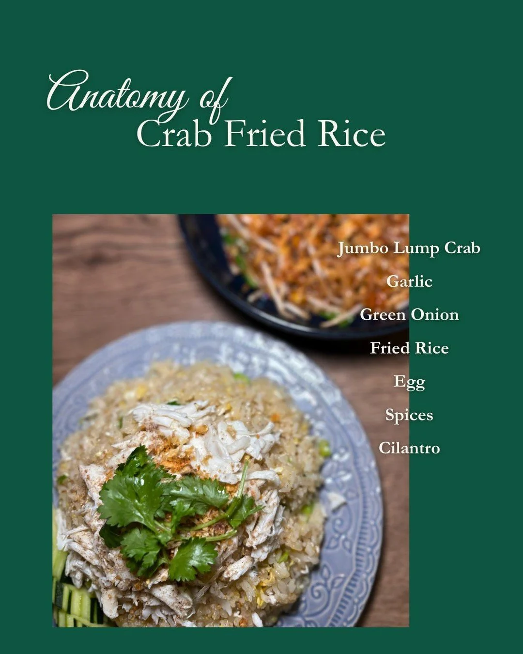Meet the star of the plate: Crab Fried Rice.
From delicate flakes of fresh crab to fragrant fried rice, crisp vegetables, and a hint of aromatic spice, every ingredient has its role in this symphony of flavor. The result? A dish that’s greater