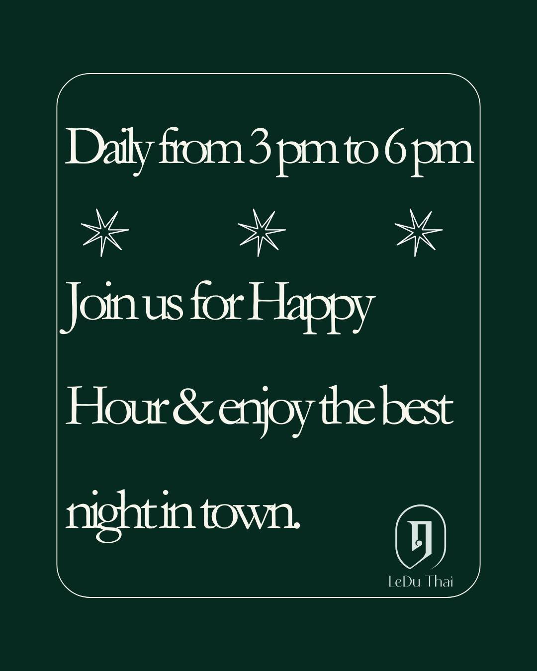 Discover Happy Hour at LeDu on Seventh, offered daily from 3&ndash;6 PM. 

Elevated flavors, refined drinks, and a warm, modern ambiance make this the place to be. Join us and unwind in true LeDu style.

ledu happy hour | happy hour on seventh | ledu