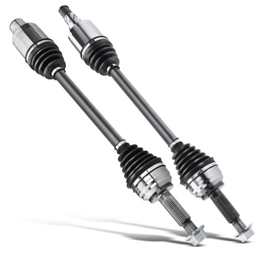Two automotive driveshafts with universal joints, black and metallic finish.