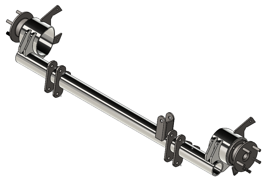 Illustration of a mechanical shaft with two mounted bearings and connecting parts.
